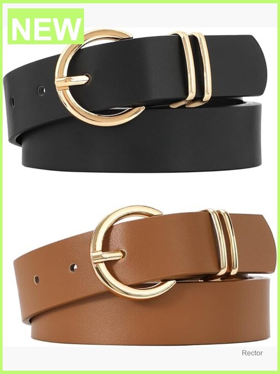 2 Pack Faux Leather Belts for Jeans Dresses Gold Buckle Ladies Belt